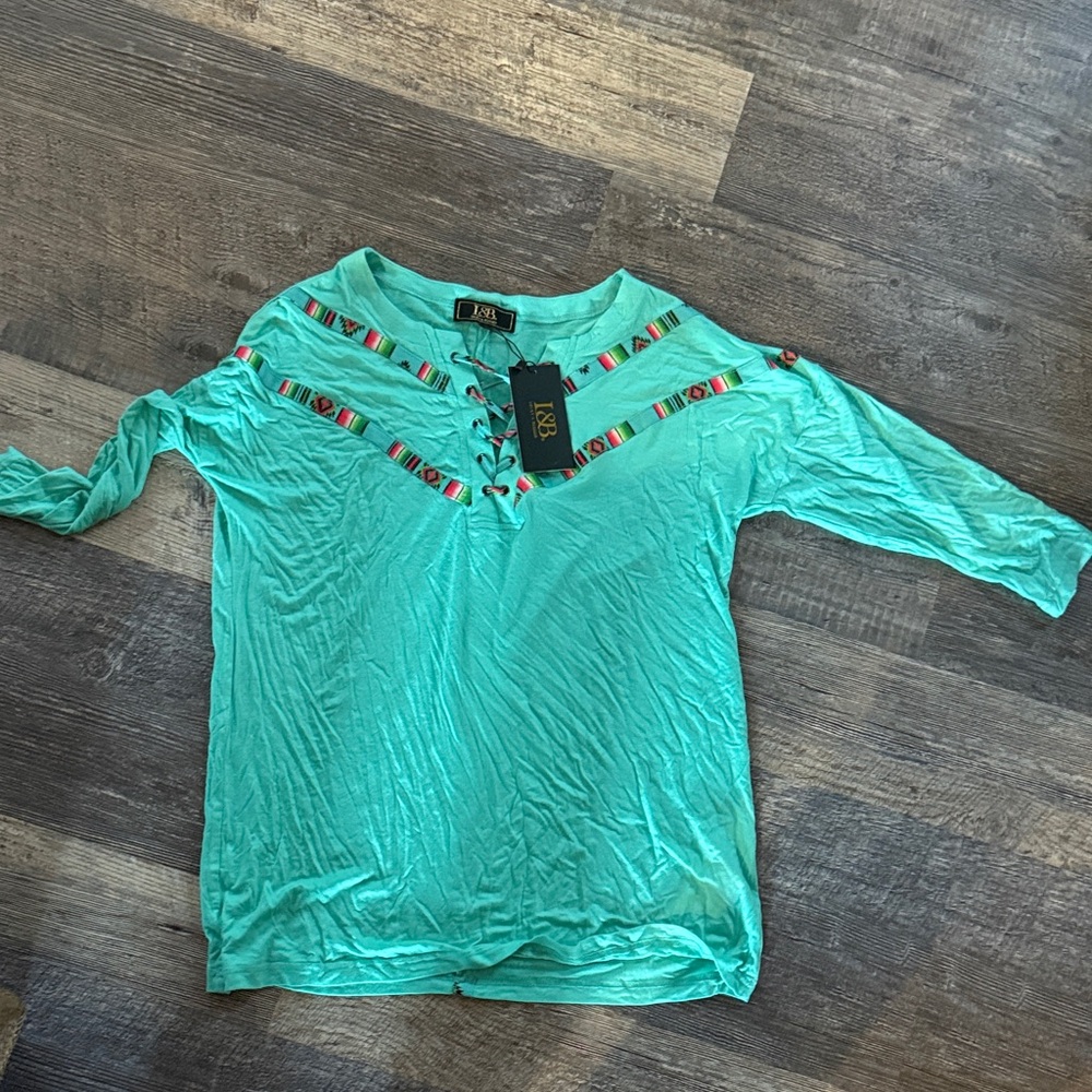 L&B Aqua Long Sleeve Top with Colorful Embroidery